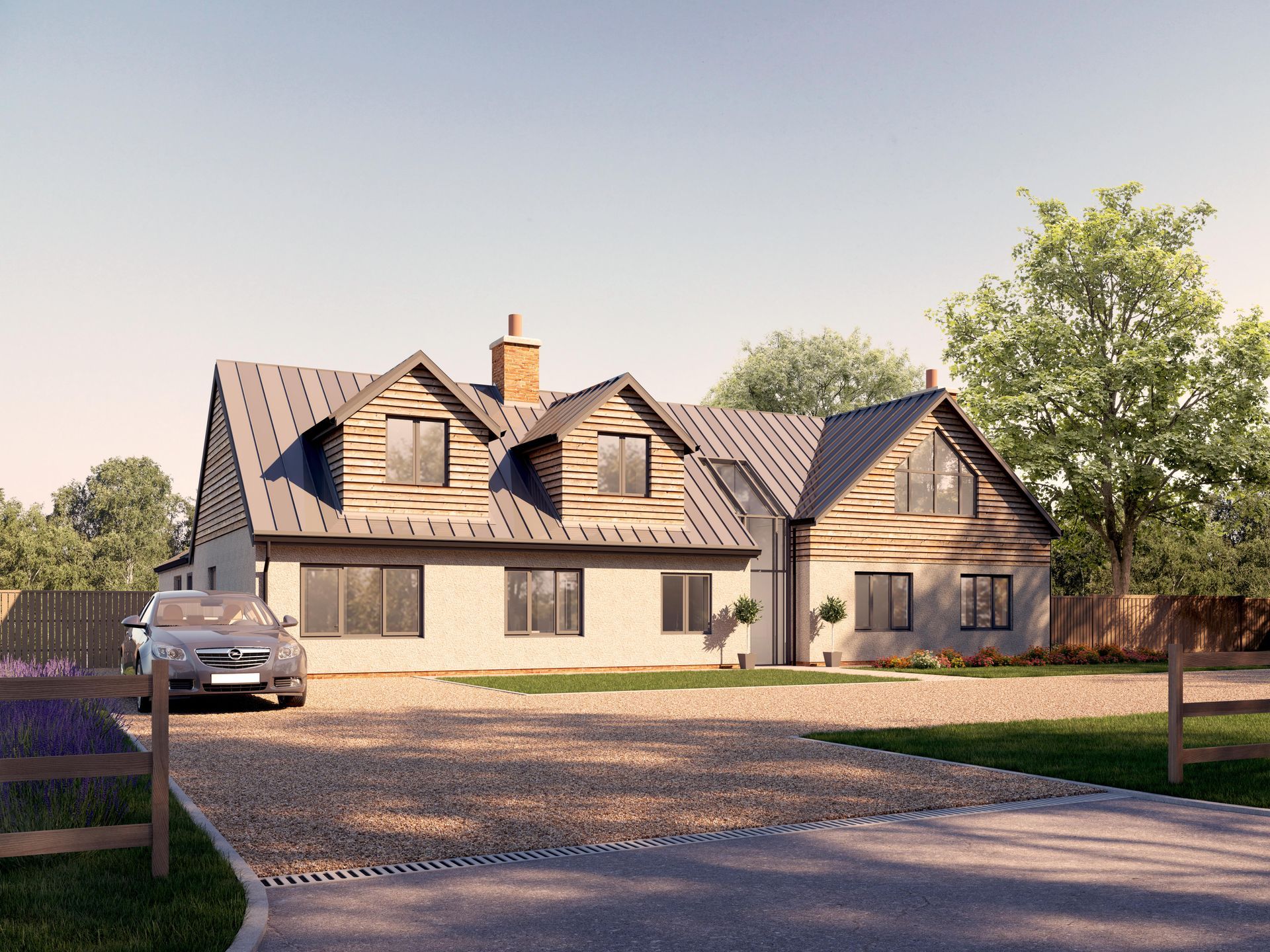 An artist 's impression of a house with a car parked in front of it.