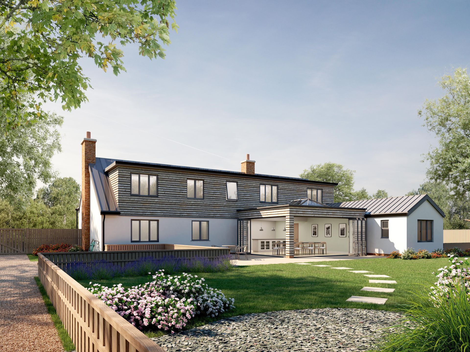 An artist 's impression of a house with a large lawn in front of it.