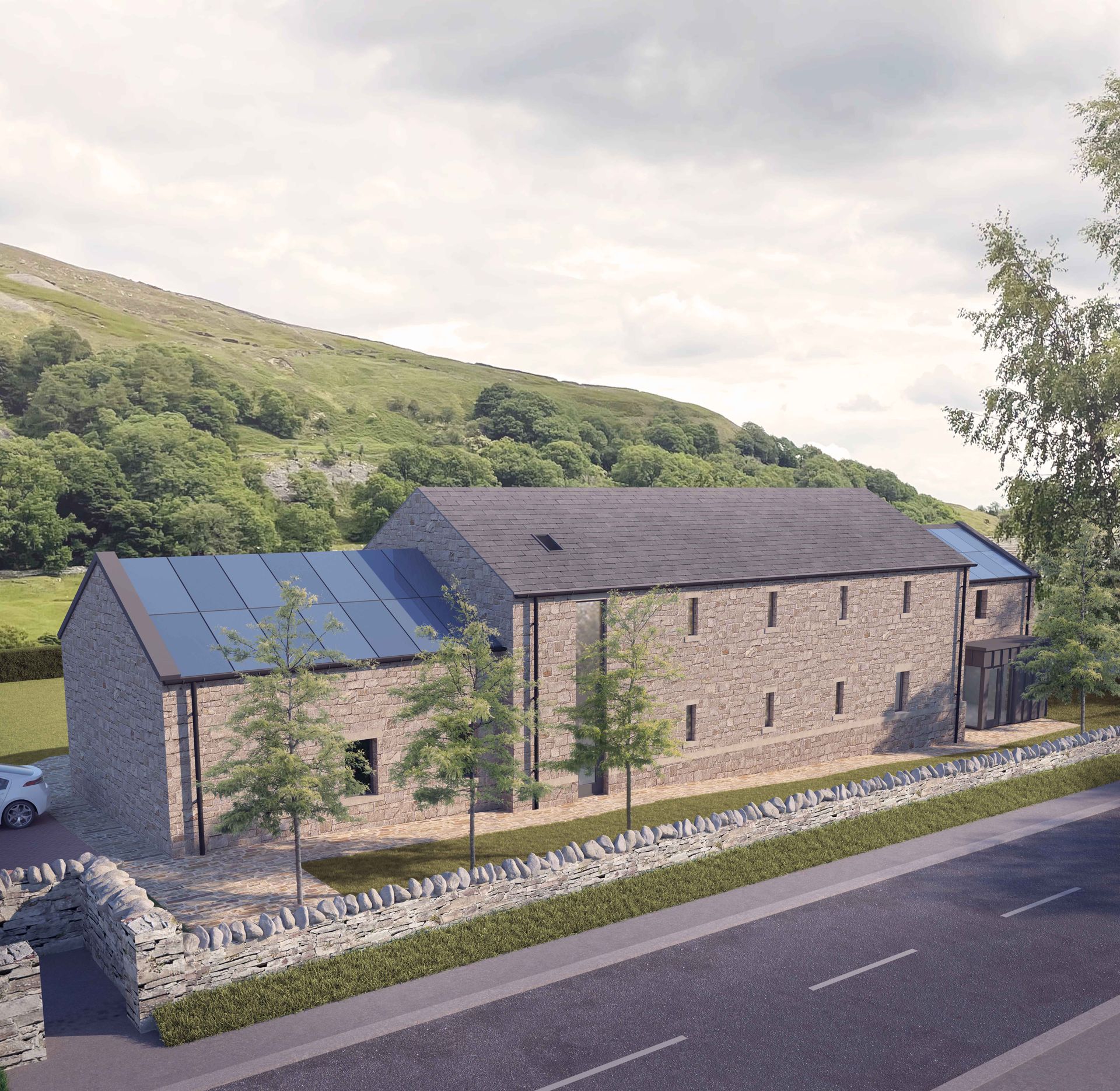 An artist 's impression of a stone building with a blue roof