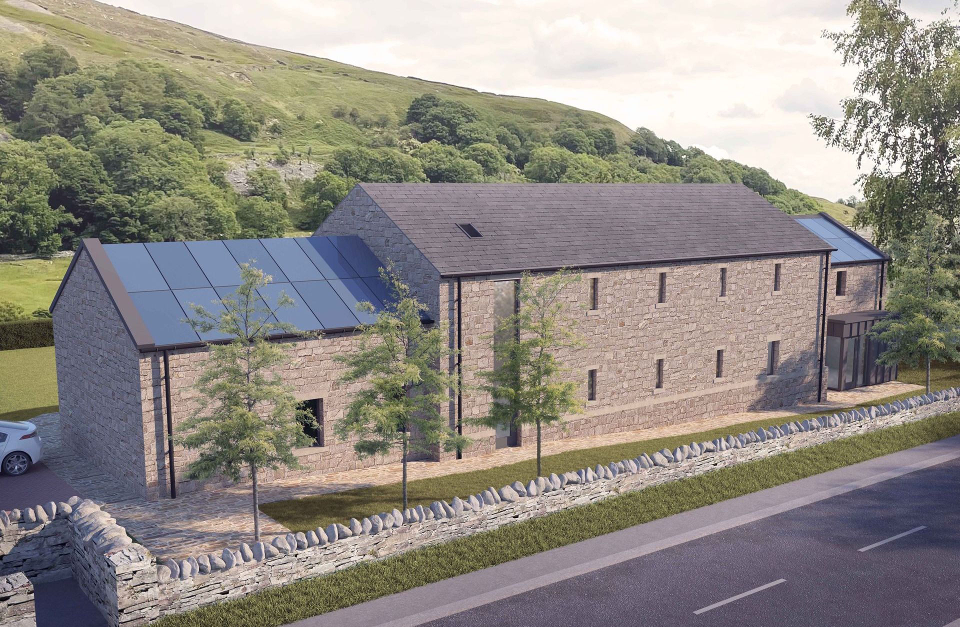 An artist 's impression of a large stone building with solar panels on the roof.