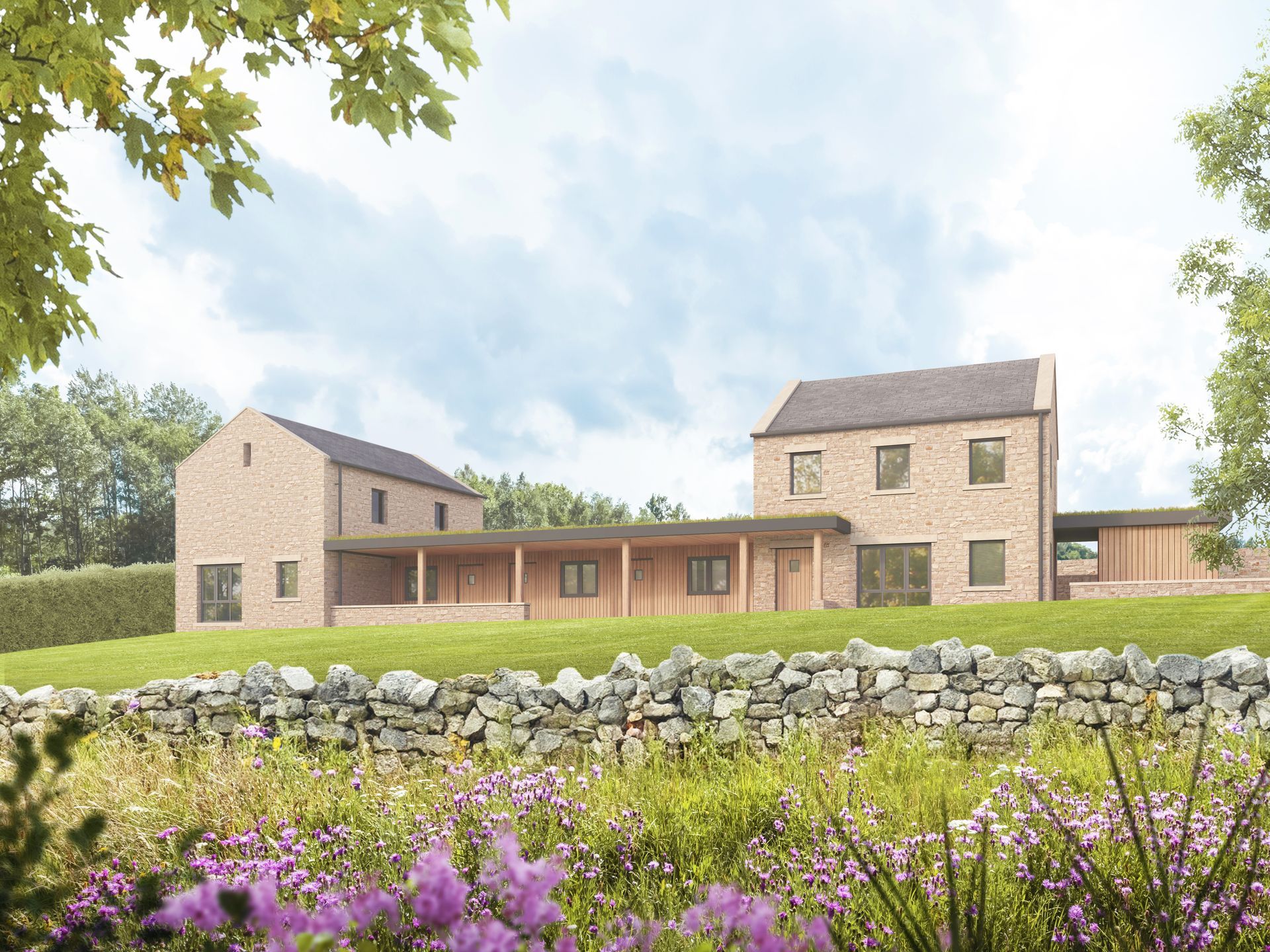 An artist 's impression of a house with a stone wall in the foreground and purple flowers in the background.