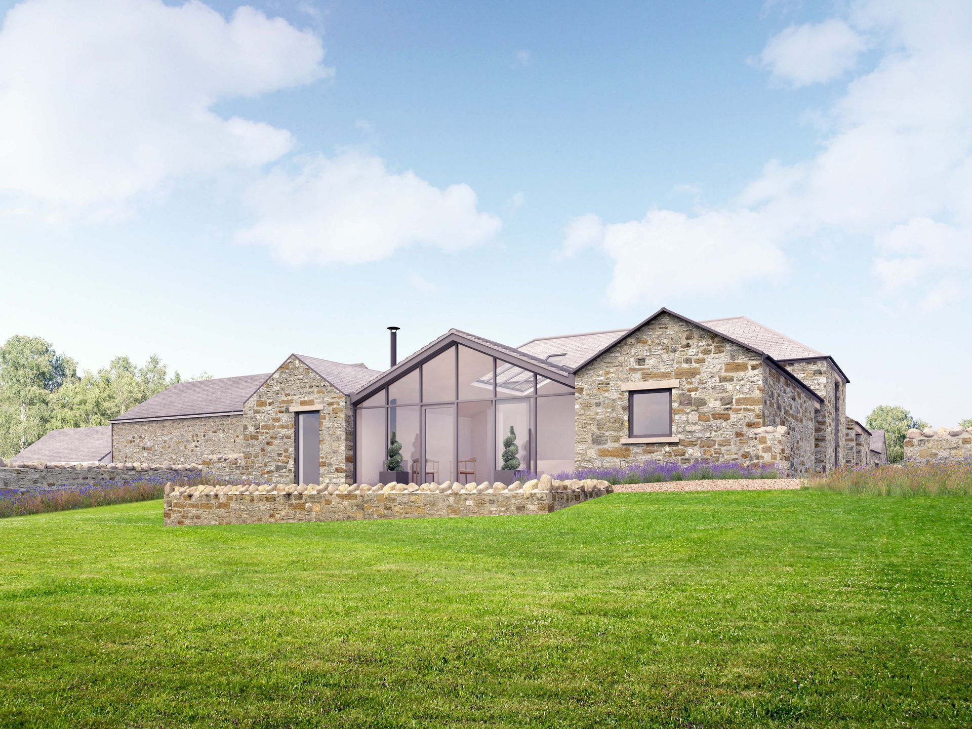 An artist 's impression of a stone house with a large glass extension.