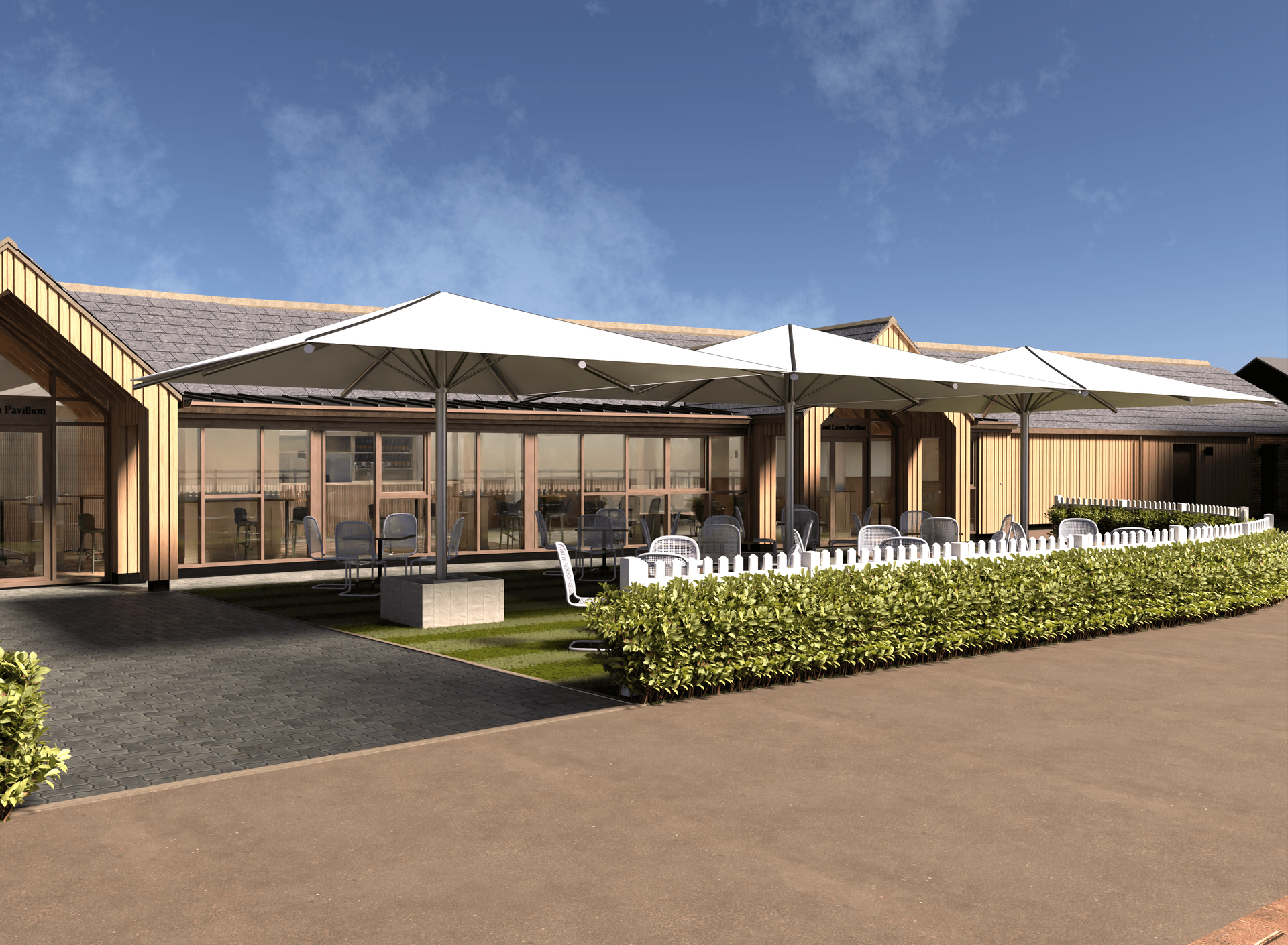 An artist 's impression of a building with umbrellas and tables in front of it.