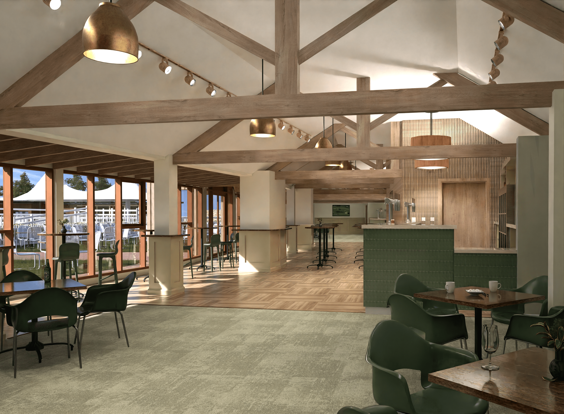 An artist 's impression of a restaurant with tables and chairs