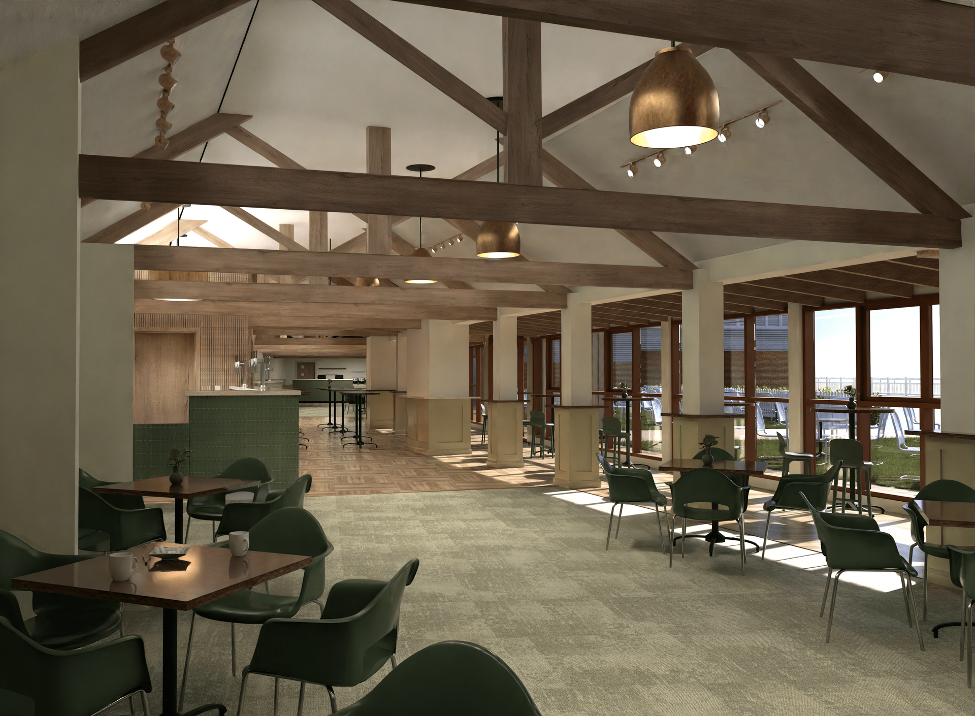 An artist 's impression of a restaurant with tables and chairs