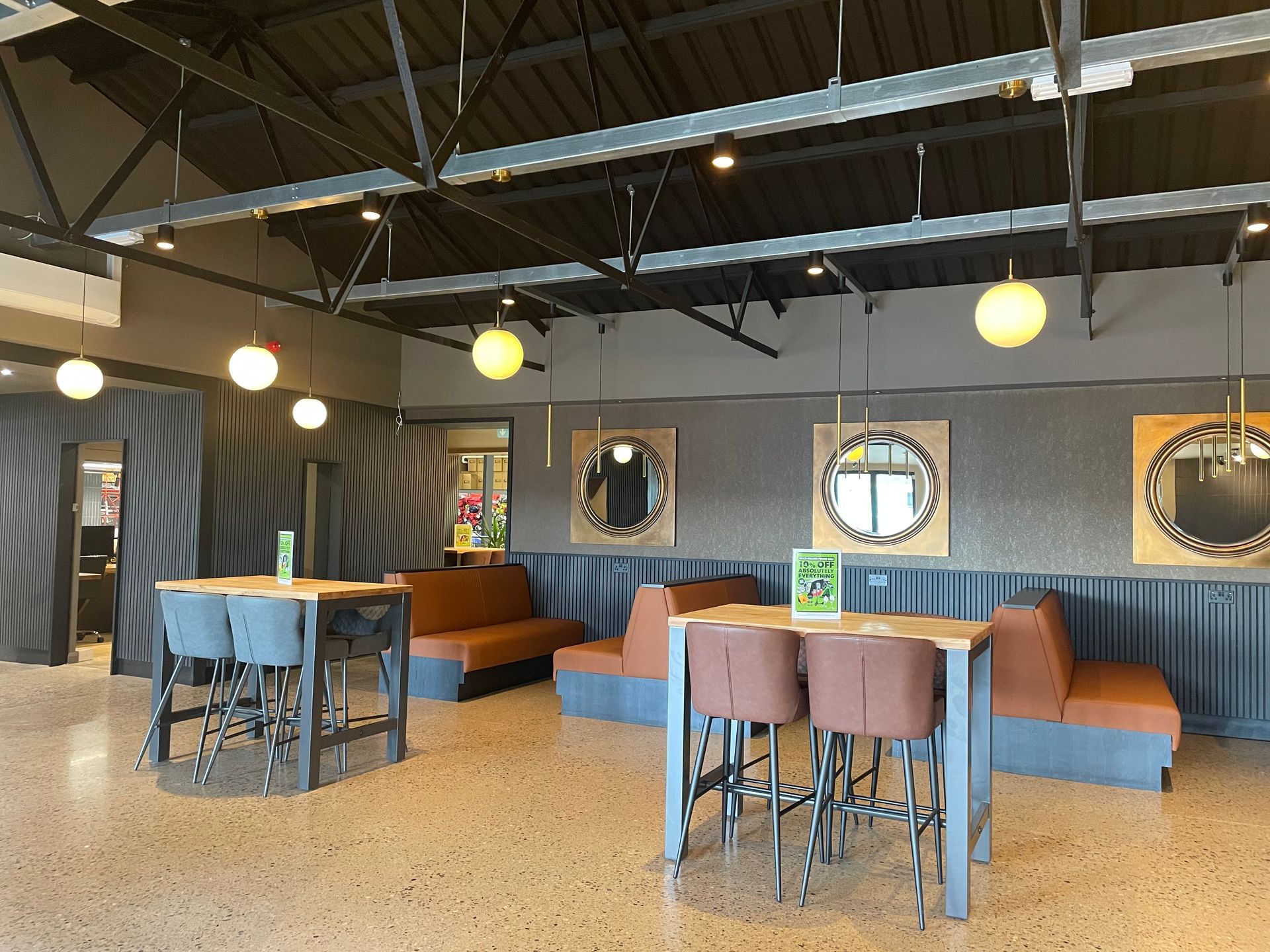 A large room with tables and chairs in it.