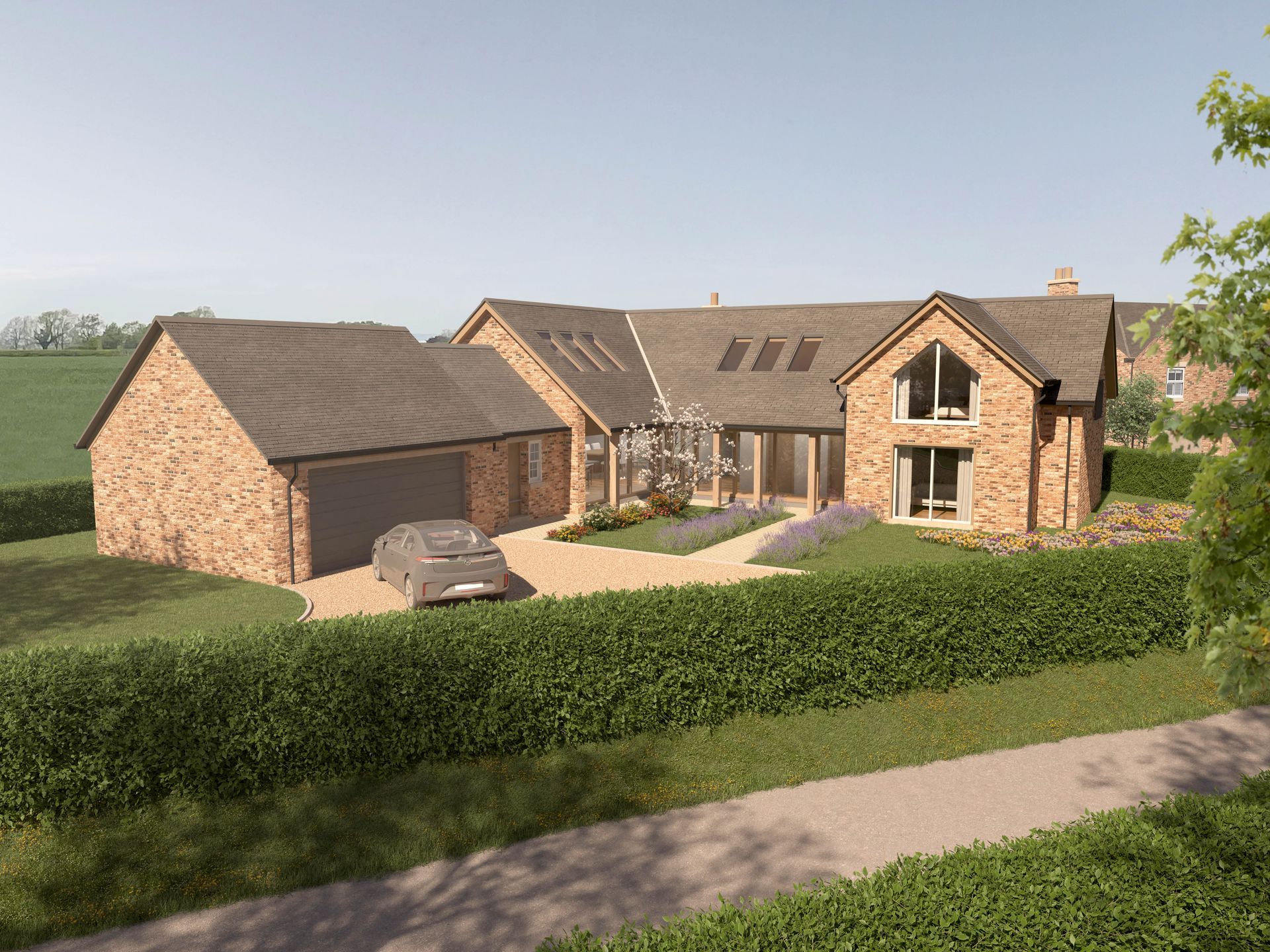 An artist 's impression of a brick house with a car parked in front of it.