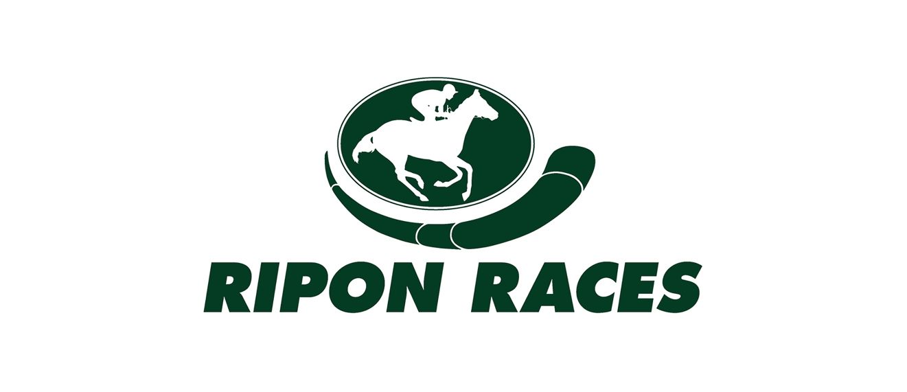 A logo for ripon races with a horse and jockey in a circle.
