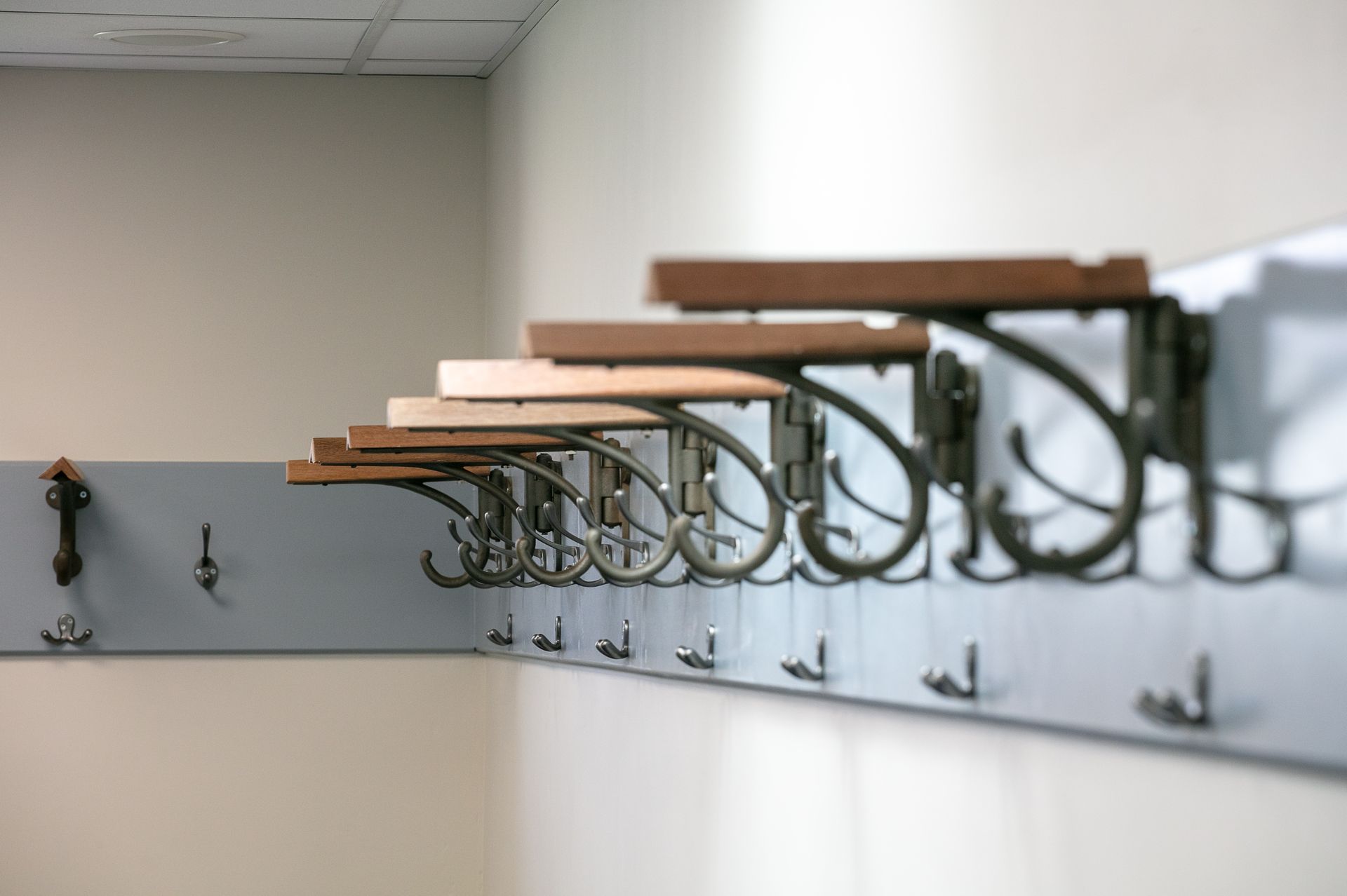 A row of hooks hanging on a wall in a locker room