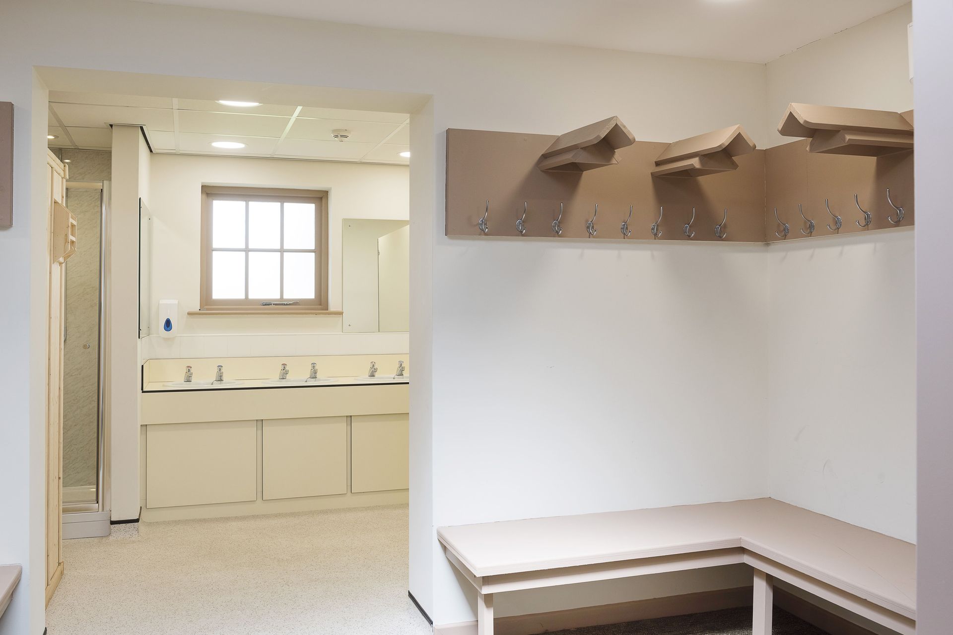 A locker room with a bench and hooks on the wall.