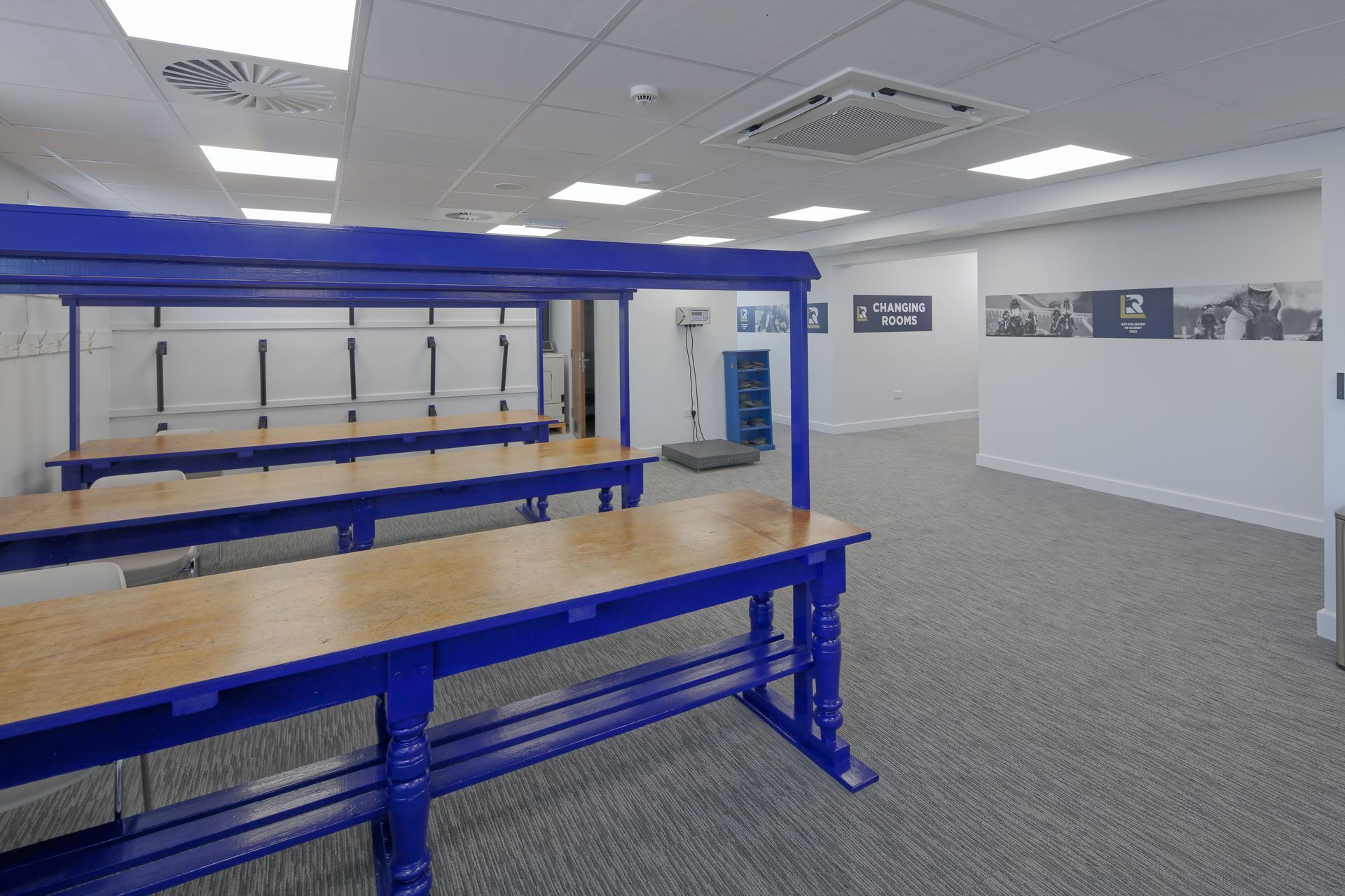 A large room with blue tables and benches in it.