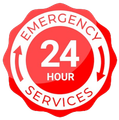 A red and white emergency 24 hour services logo
