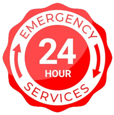 A red and white emergency 24 hour services logo