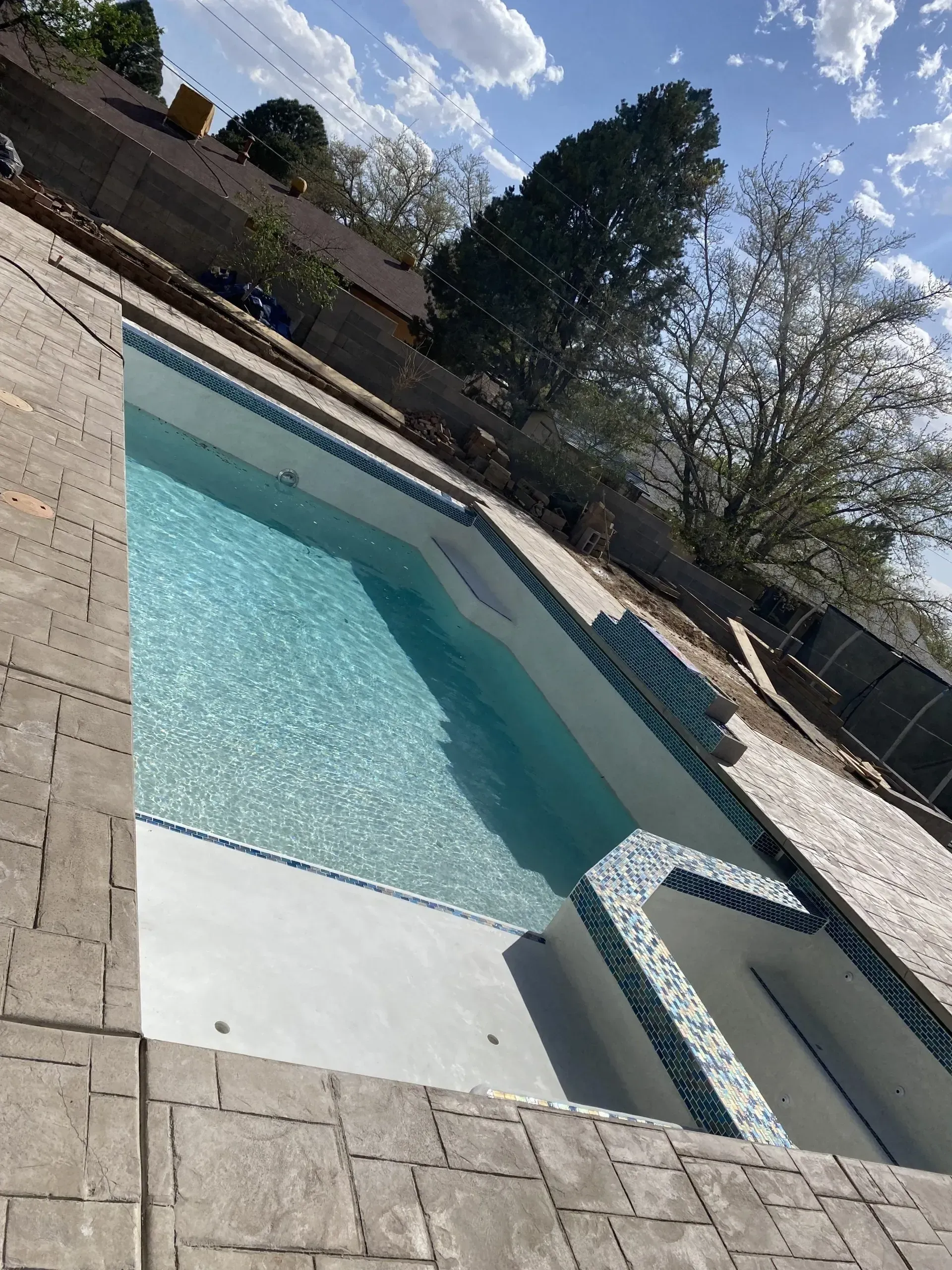 A large swimming pool is surrounded by bricks and trees