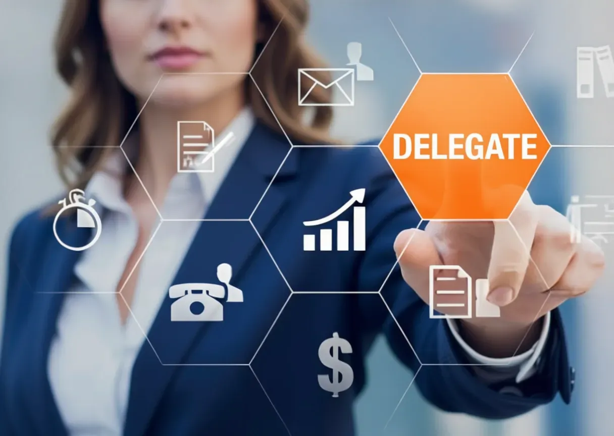 “Delegate,” surrounded by digital icons representing tasks, communication, documents, time, money