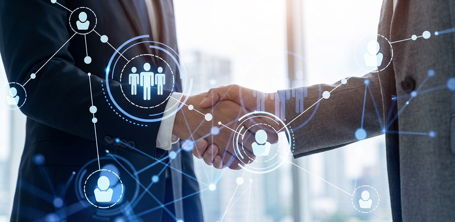 Two business people shaking hands, with digital network overlay.