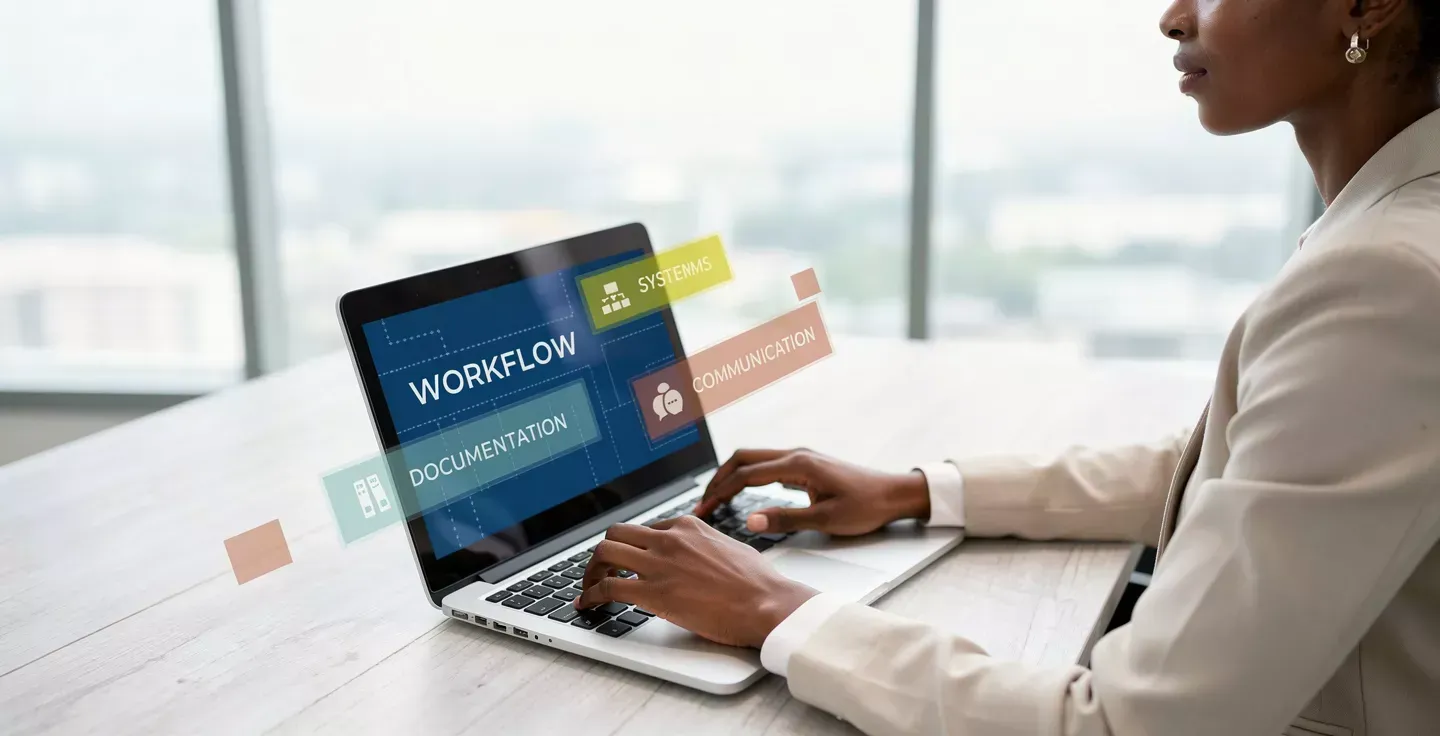 Person typing on laptop, workflow software displayed on screen, office setting.