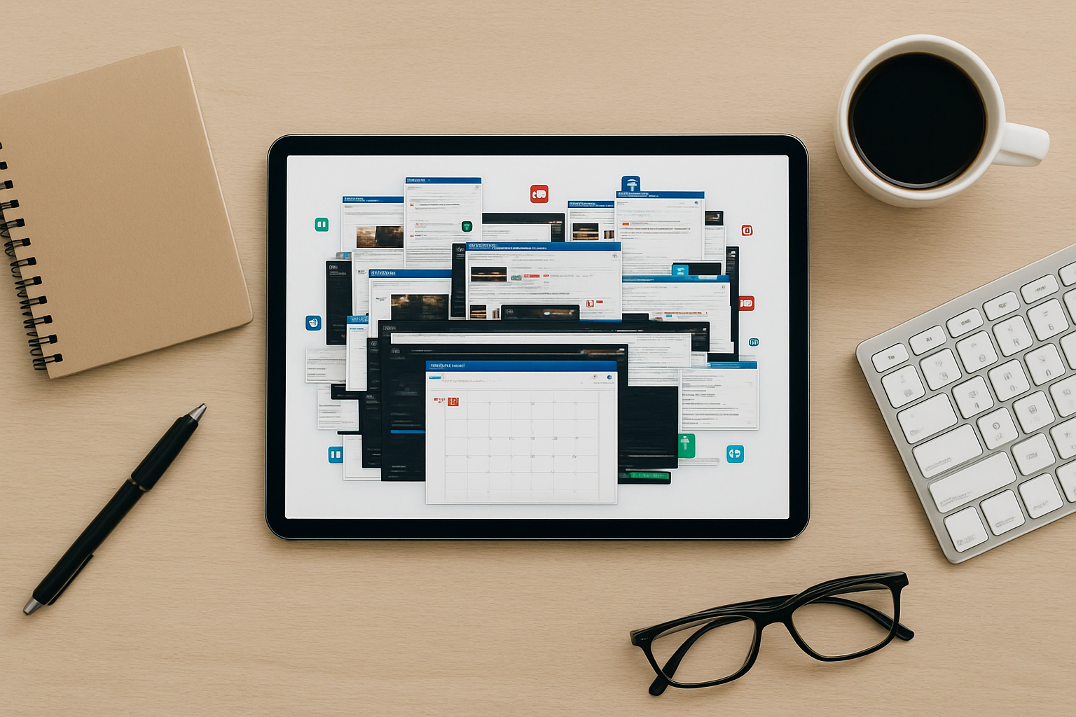 Top-down flat lay screen on a light wooden desk
