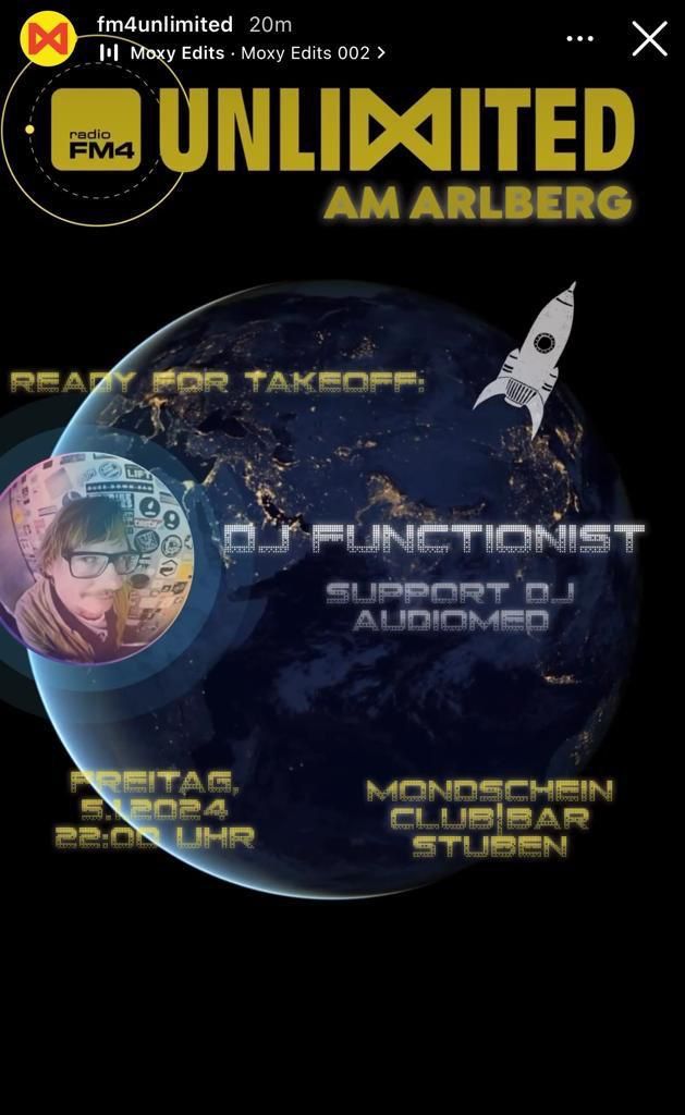 Am 5. Januar  2024 im Mondscheinclub Stuben:
DJ Functionist 
DJ Audiomed