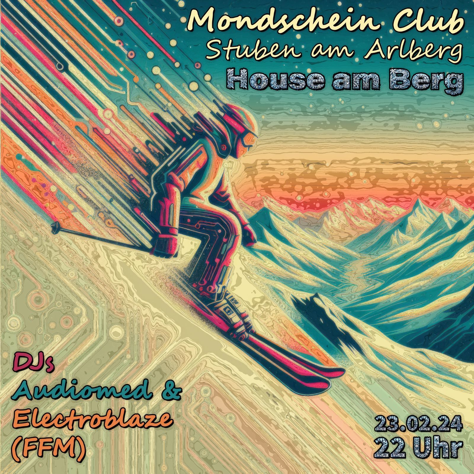 Am 23. Februar 2024 im Mondscheinclub Stuben:
House am Berg
Djs Audiomed & Electroblaze (FFM)