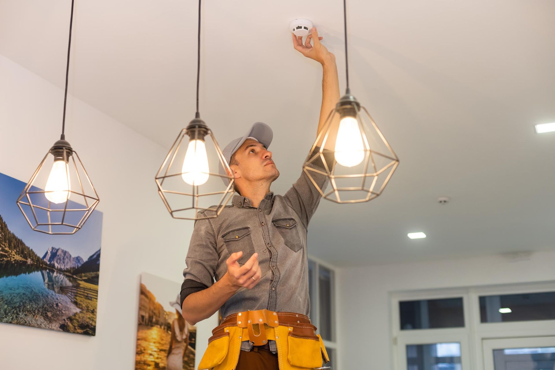 A man is installing a smoke detector.