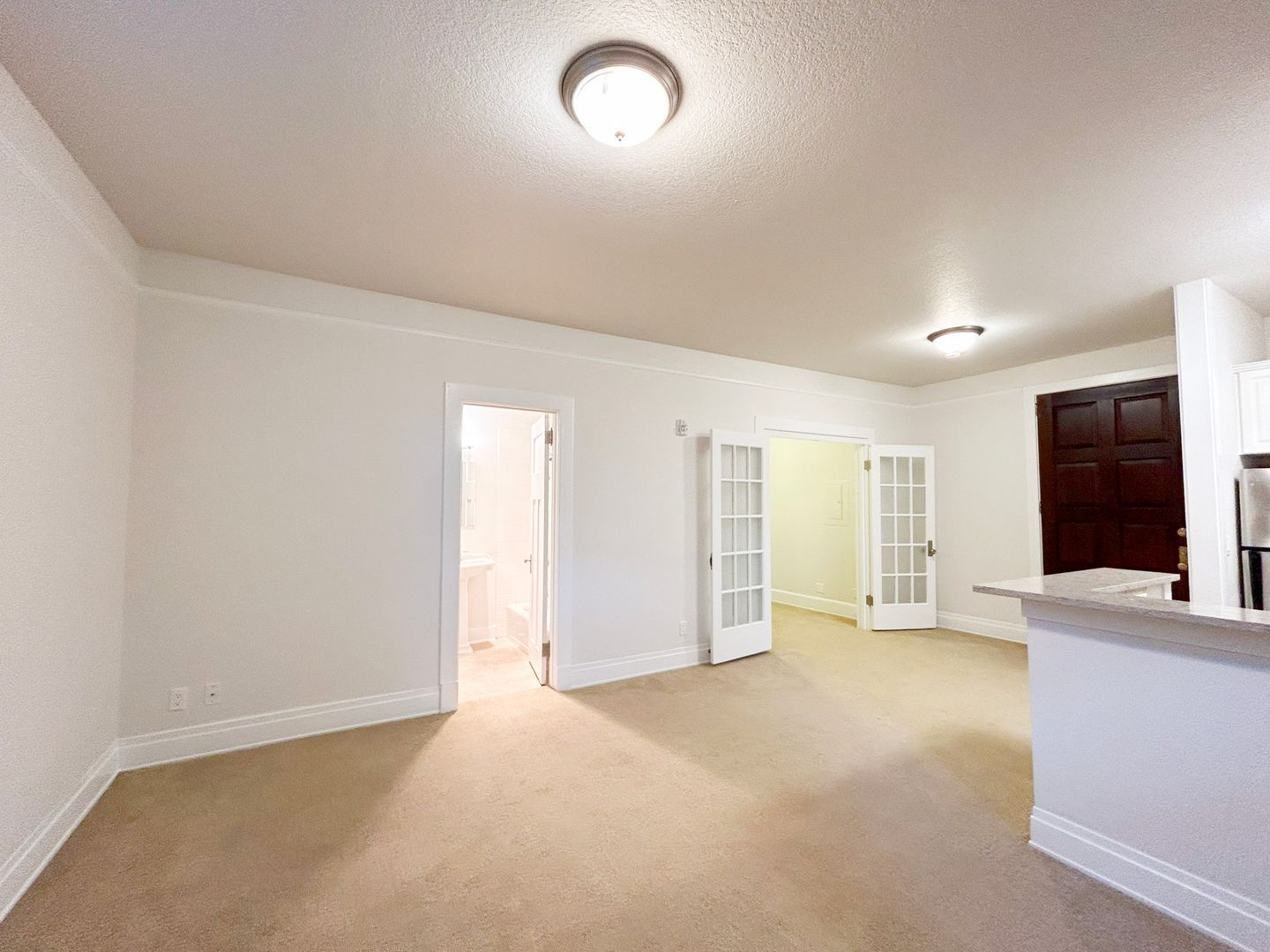 An empty living room with a carpeted floor and white walls.