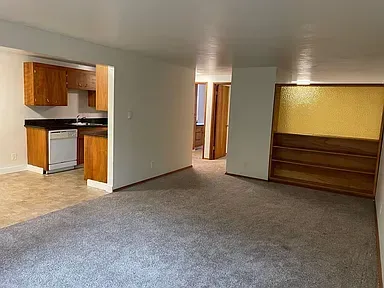 A kitchen with gray cabinets and stainless steel appliances