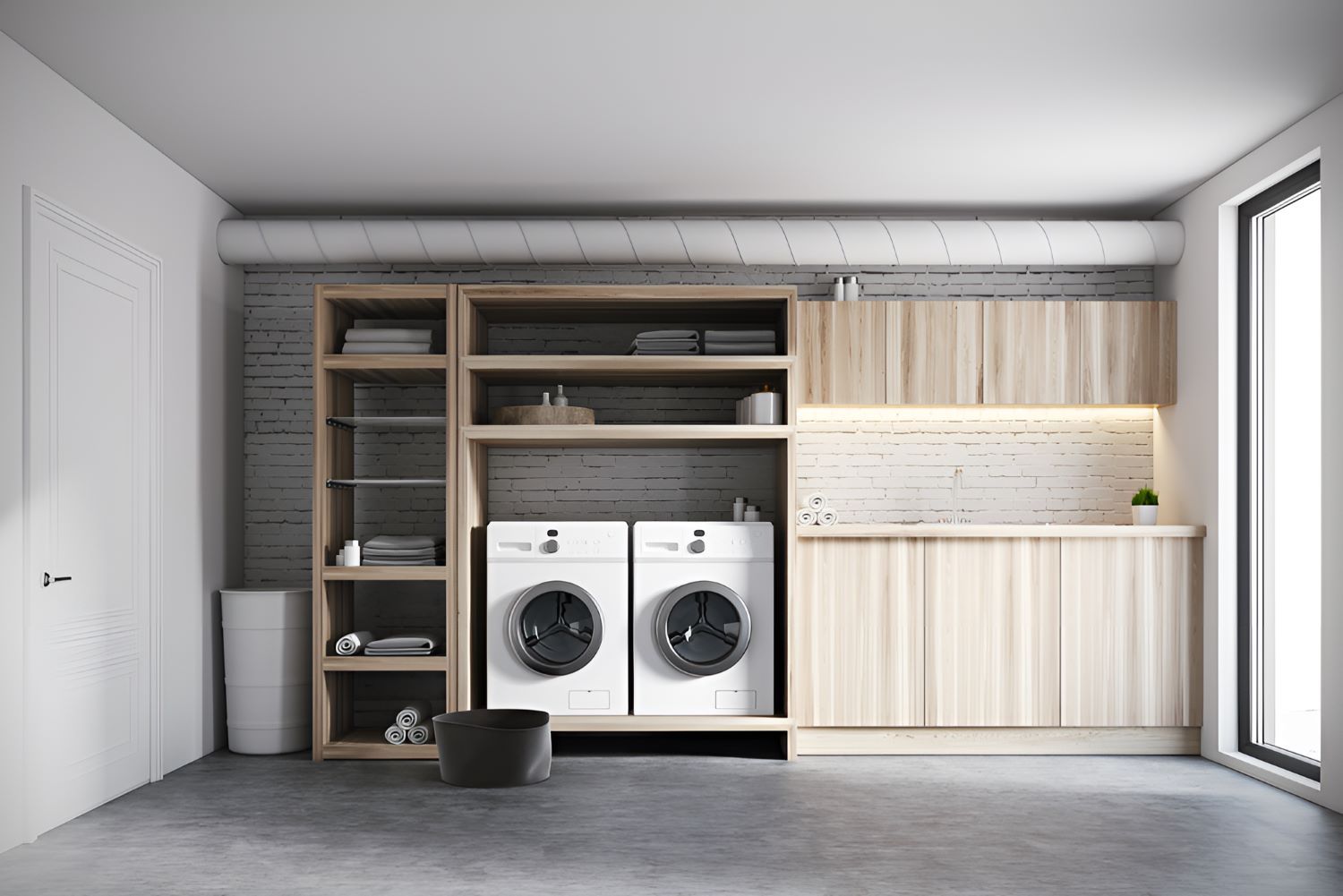 A Laundry Room With A Washer, Dryer, And Wooden Cabinets — Bananacoast Waterproofing in Korora, NSW