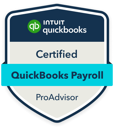 A badge that says certified Quickbooks payroll ProAdvisor on it.