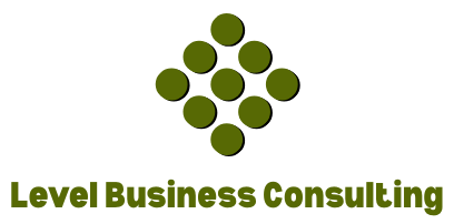 A logo for level business consulting with green circles on a white background