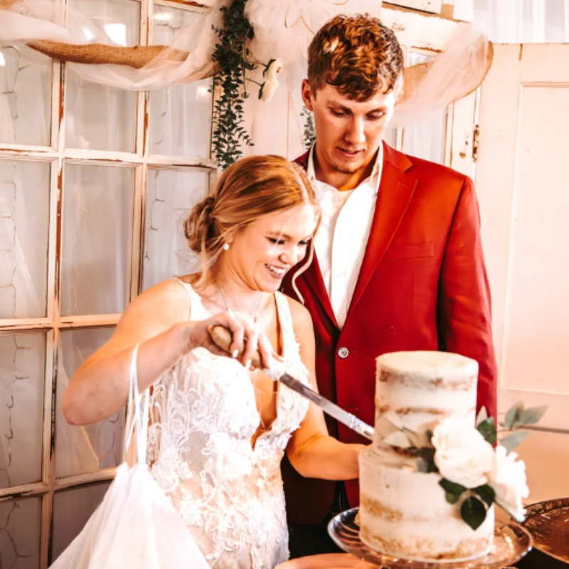 bride and groom cutting wedding cake