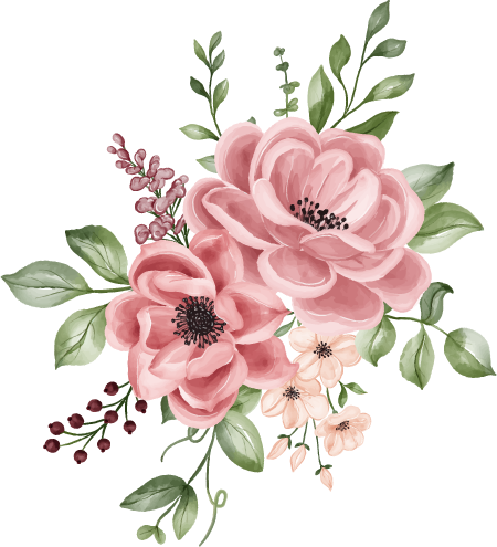 A bouquet of pink flowers with green leaves on a white background.