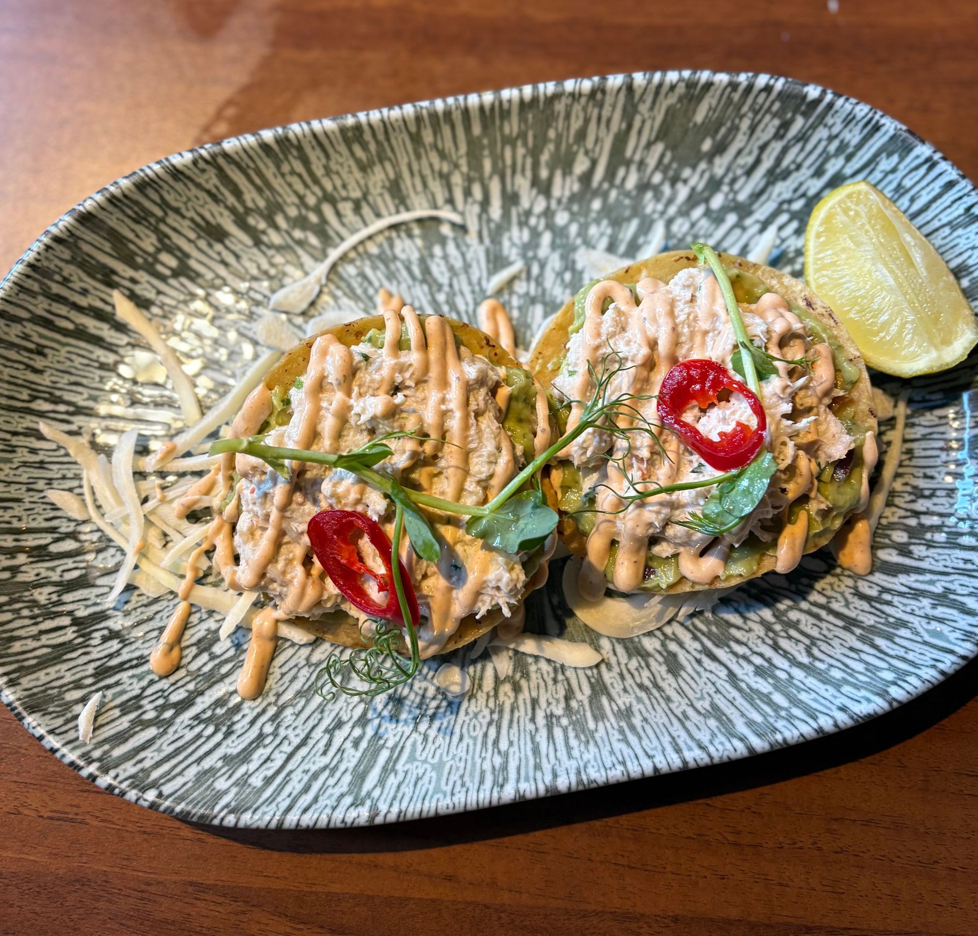 Two open-faced tostadas topped with salmon and sauce