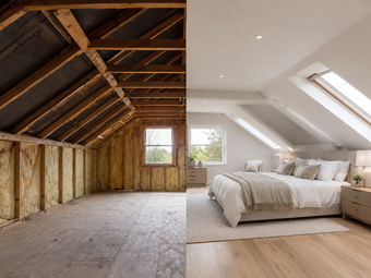 Modern three-story brick house with large glass rear extension and rooftop dormer.