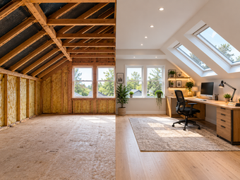Modern three-story brick house with large glass rear extension and rooftop dormer.