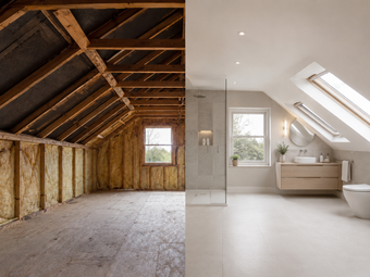 Modern three-story brick house with large glass rear extension and rooftop dormer.