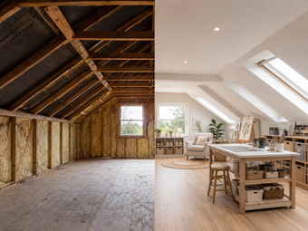 Modern three-story brick house with large glass rear extension and rooftop dormer.