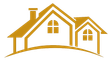 A house with a roof and two windows is in a circle.