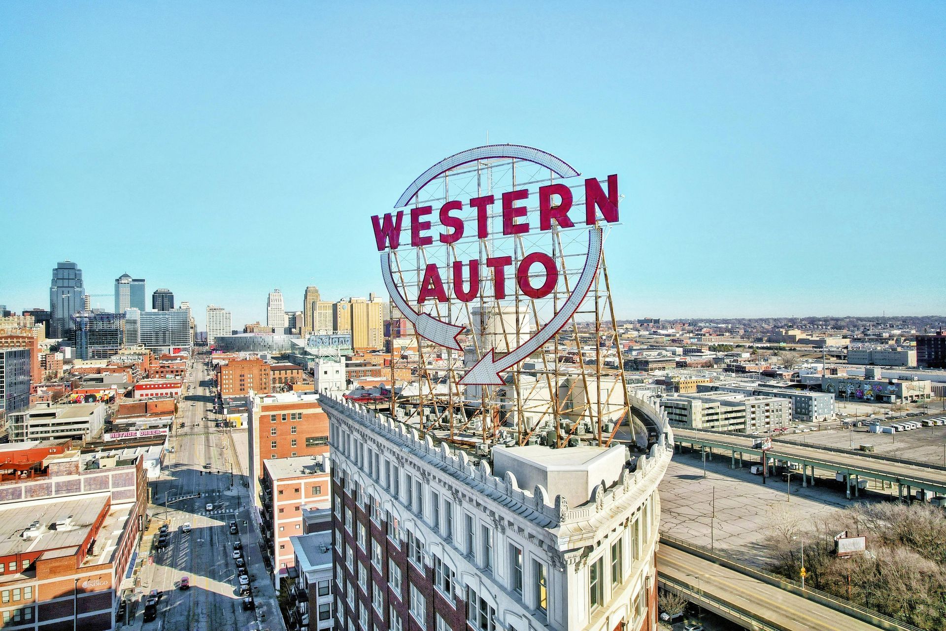 Western Auto sign overlooking downtown Kansas City, MO skyline