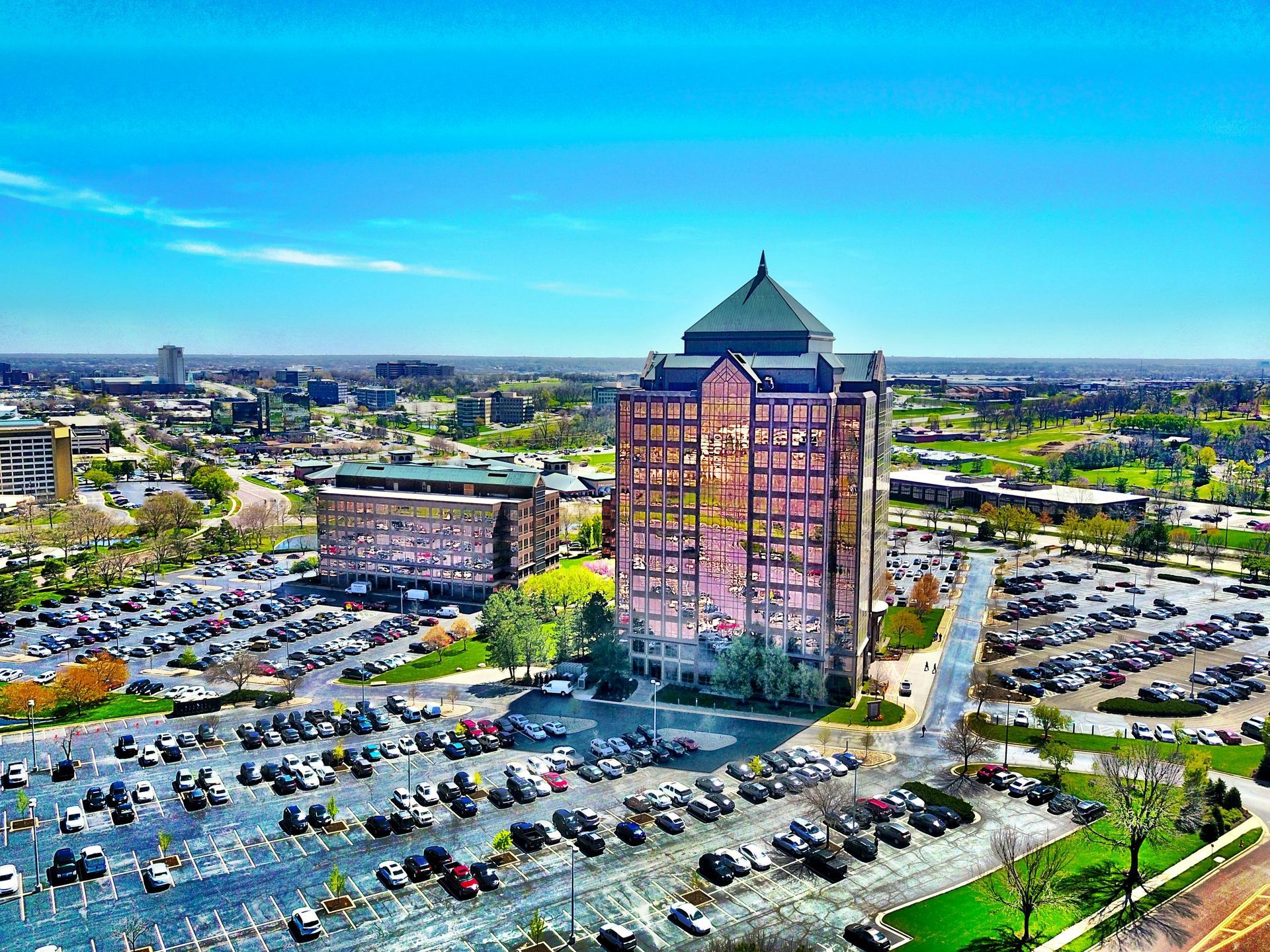 Arial view over looking Overland park, KS and the business district where commercial cleaning takes place