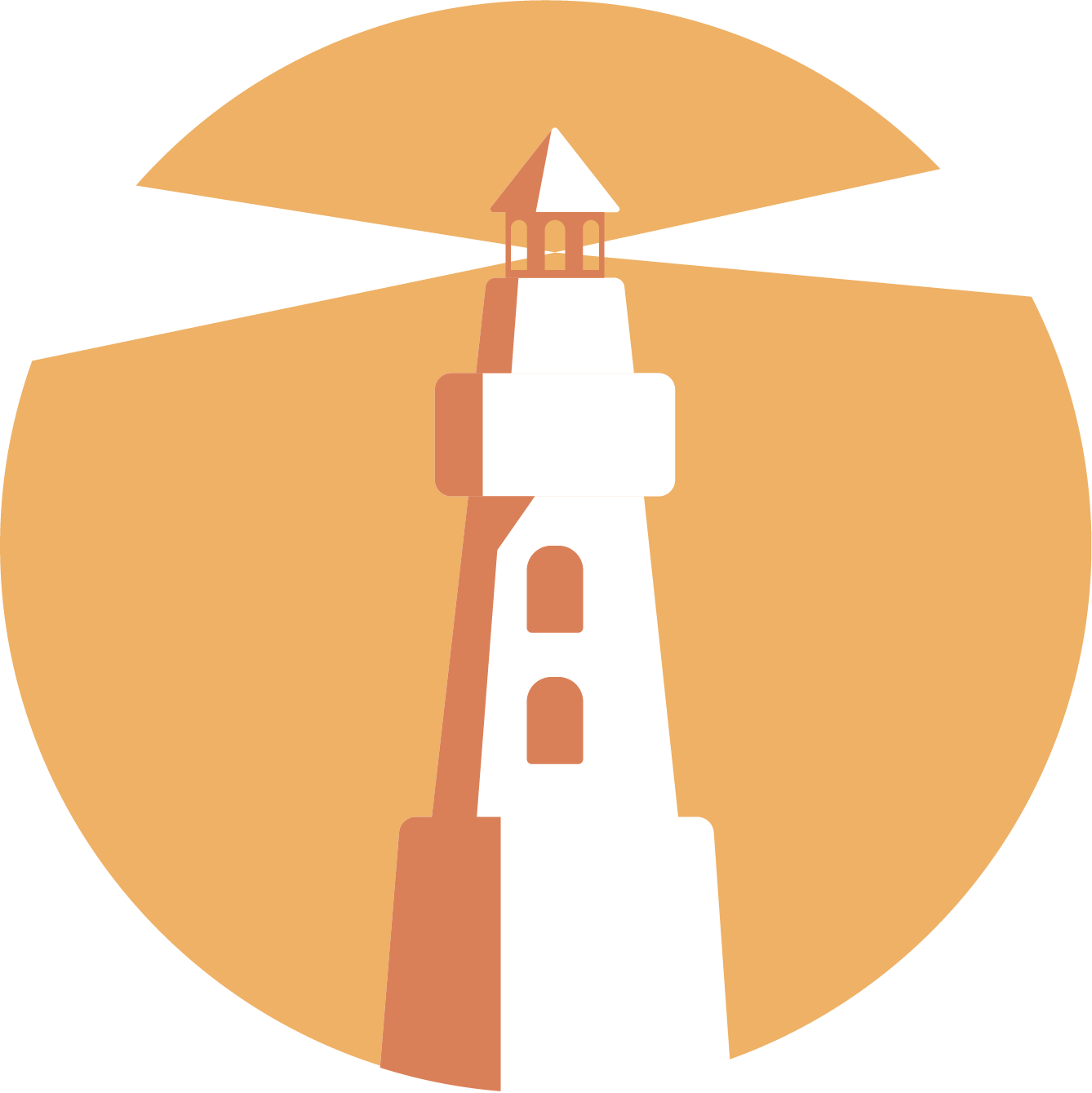 A lighthouse in a circle with the sun behind it
