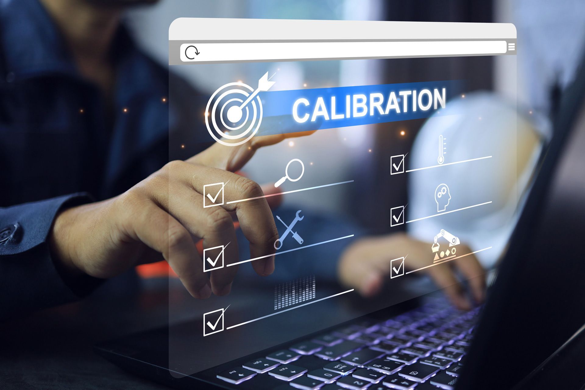 Hand points to a digital calibration interface with checklists over a laptop screen.