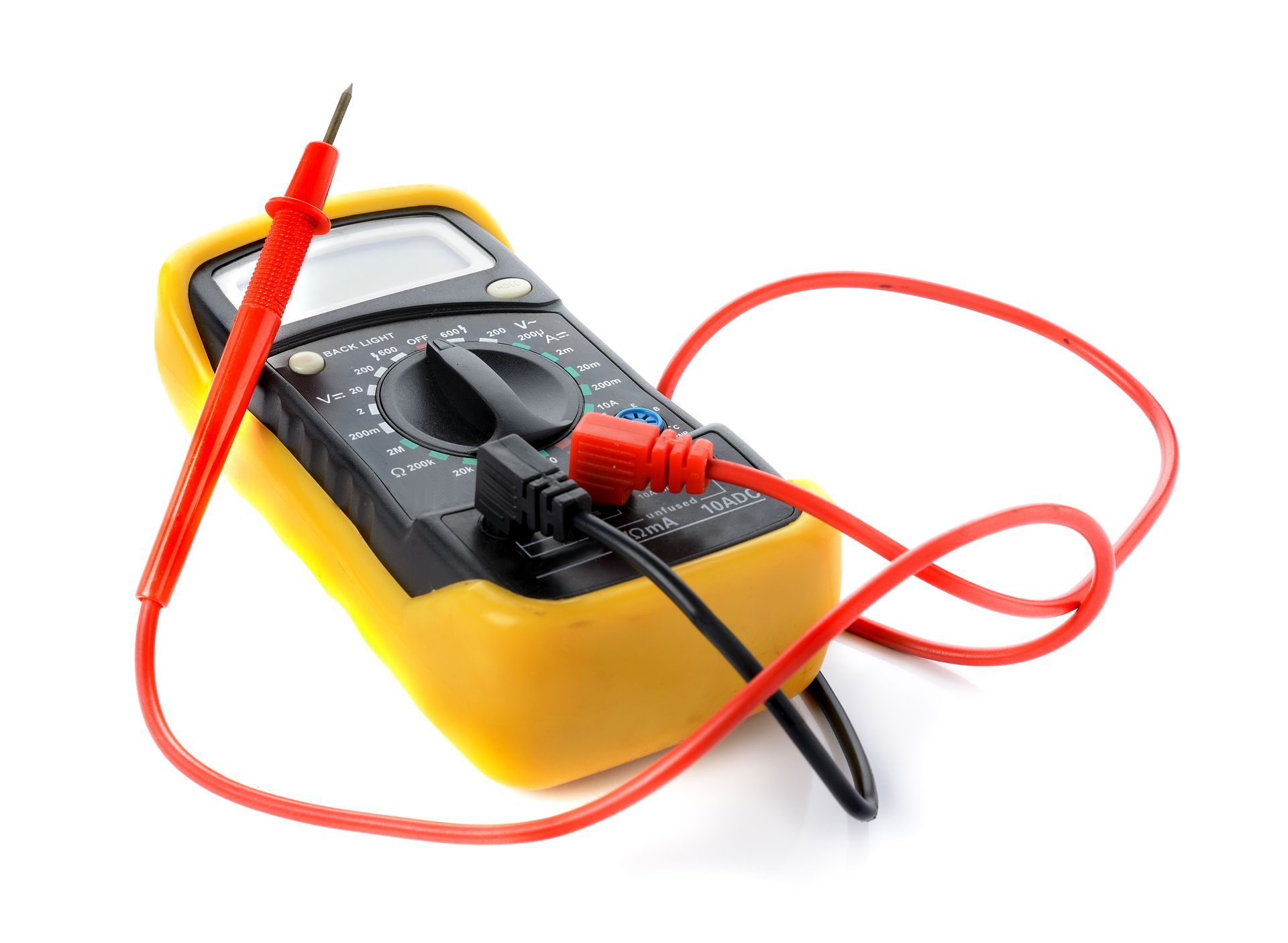 Digital multimeter with red and black test leads used for electrical measurements.