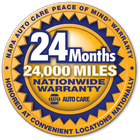 NAPA Auto Care warranty badge: 24 months/24,000 miles nationwide warranty, gold and blue colors. | Mohr's Automotive