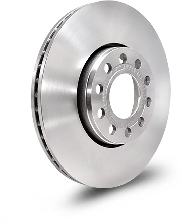 A silver brake rotor for a vehicle, with cooling vents visible. | Mohr's Automotive