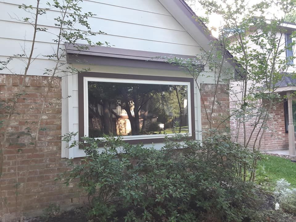 Window on a brick and white house, reflecting trees and sunlight. Bushes in front.