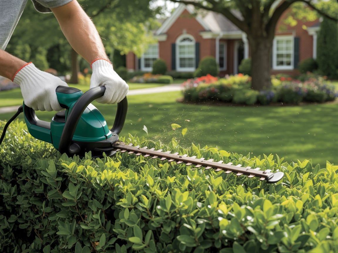 Person trimming a hedge with an electric hedge trimmer in front of a house.