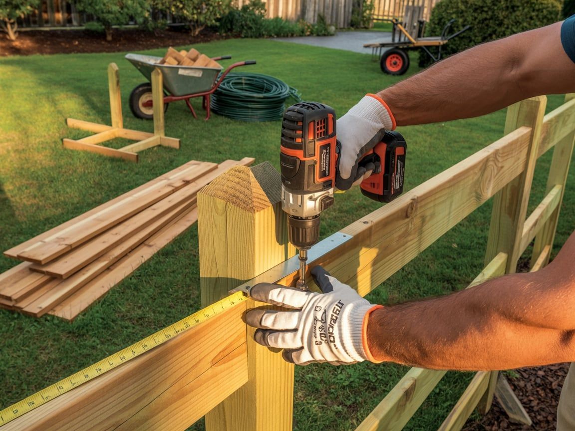 Person using a drill to assemble a wooden fence outdoors.