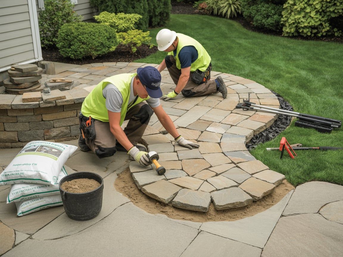 Two workers laying paving stones, one brushing sand. Outdoors, green lawn, beige patio.