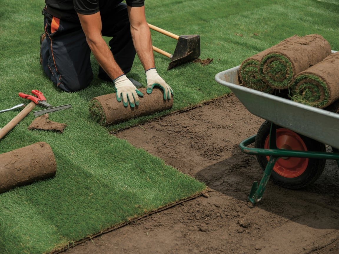 Man installing sod rolls on a patch of dirt in a grassy area.
